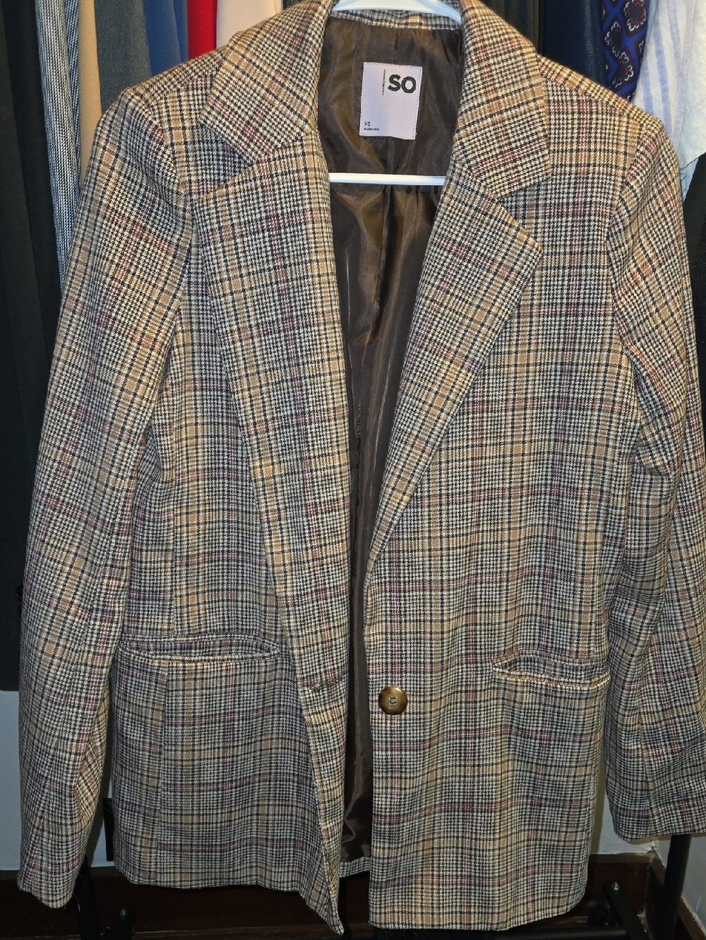 SO Women's Plaid Blazer in Tan, Brown and Subtle Maroon - Picture 1 of 5